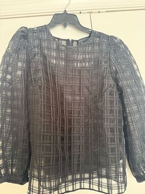 English Factory Black Sheer Plaid Puff-Sleeve Top